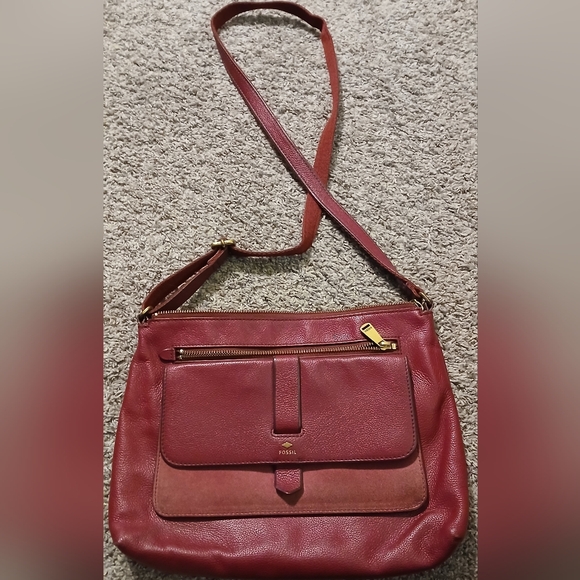 Fossil Red Leather Crossbody Bag Suede Flap Brass Hardware - Picture 10 of 10